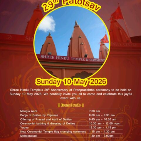 Shree Hindu Temple’s 29th Anniversary of Pranpratistha ceremony to be held on Sunday 10 May 2026 from 7am til 3pm