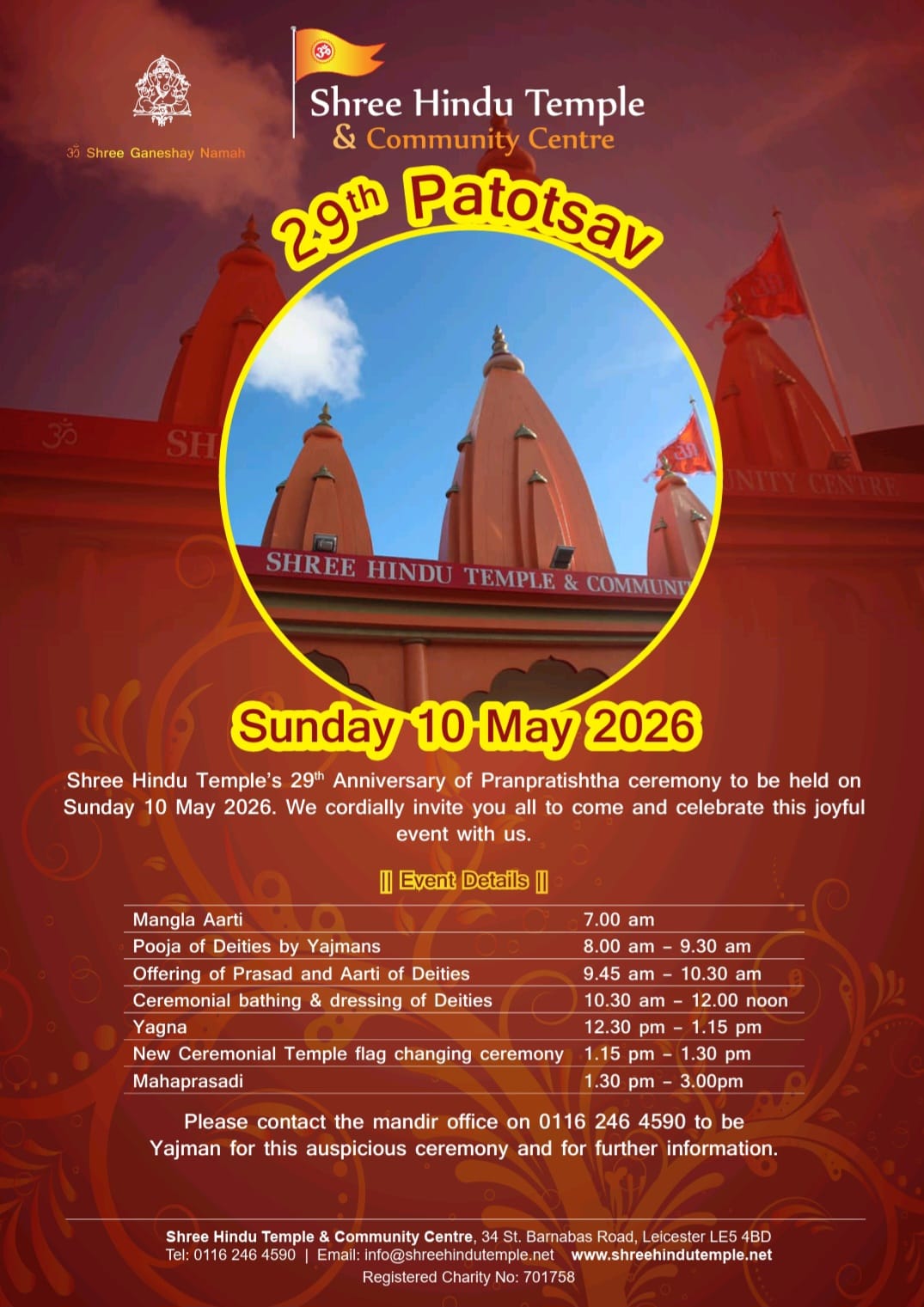 Shree Hindu Temple’s 29th Anniversary of Pranpratistha ceremony to be held on Sunday 10 May 2026 from 7am til 3pm